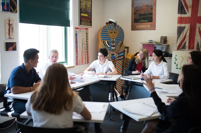 LCS English Teacher Tina St. John's Grade 11 English class participating in Harkness discussion