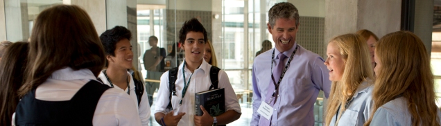 Head of Lakefield College School Struan Robertson chats with LCS students in the hallway